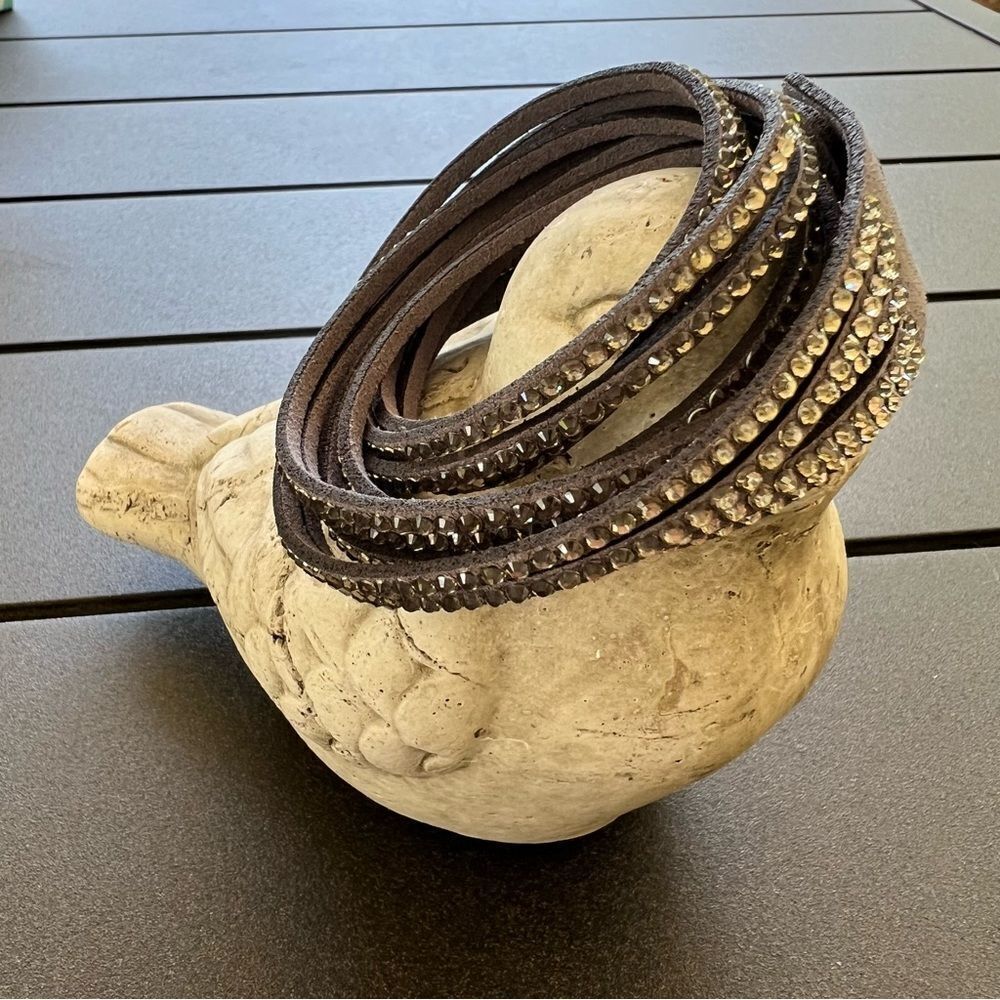 Rhinestone Gray Leather Wrap Bracelet - Picture 3 of 5